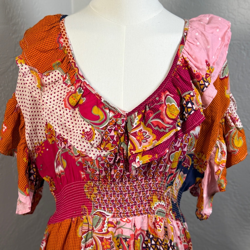 Lapis Patchwork Paisley Boho Smocked Waist On or Off Shoulder Dress Size M - Picture 2 of 9